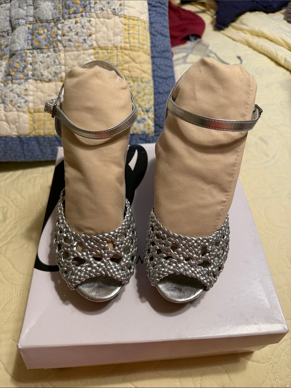 Nine West Metallic Silver Braided Open-Toe Heels with Ankle Strap